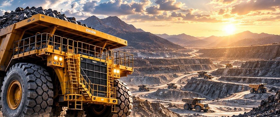 Mining haul truck in an open-pit mine at sunset