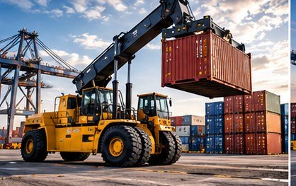 Reach stacker lifting a container at a port